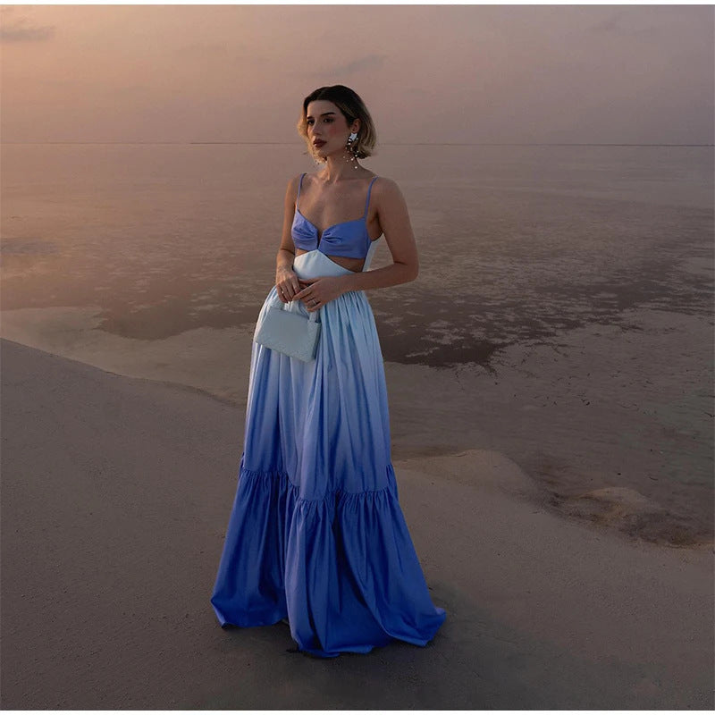 Women's Spaghetti Strapped Backless Gradient Long Dress - ANIBEY