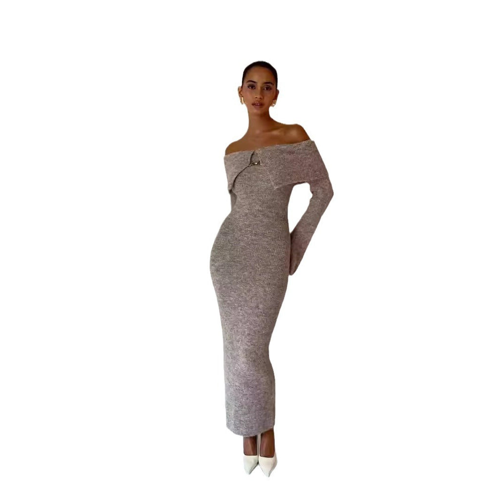 Fashion Polo Collar Off-the-shoulder Dress Striped Dress - ANIBEY