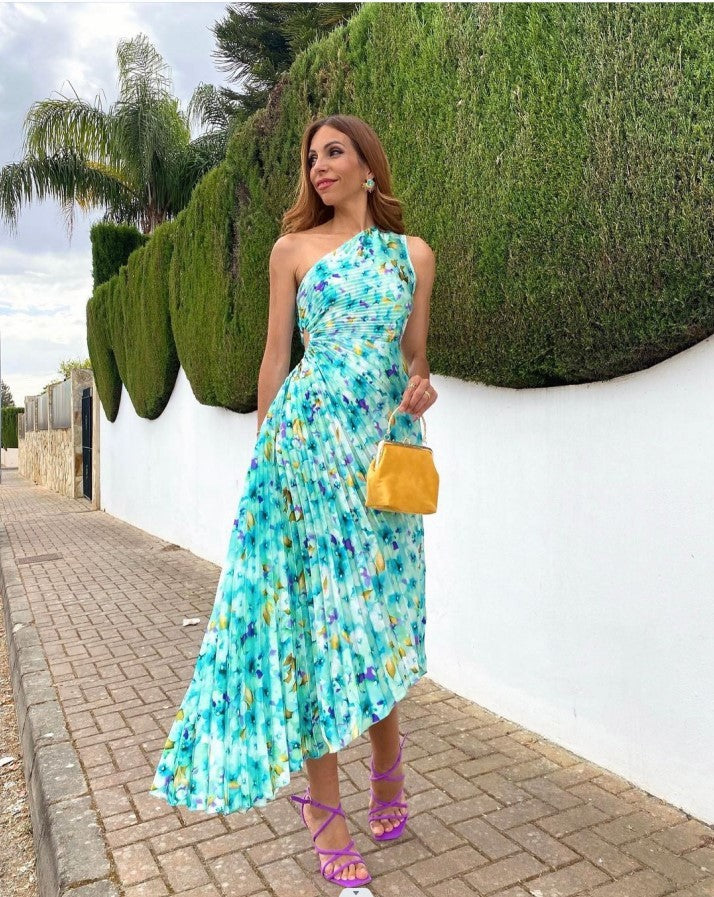 Women's Fashionable One-shoulder Printed Dress - ANIBEY