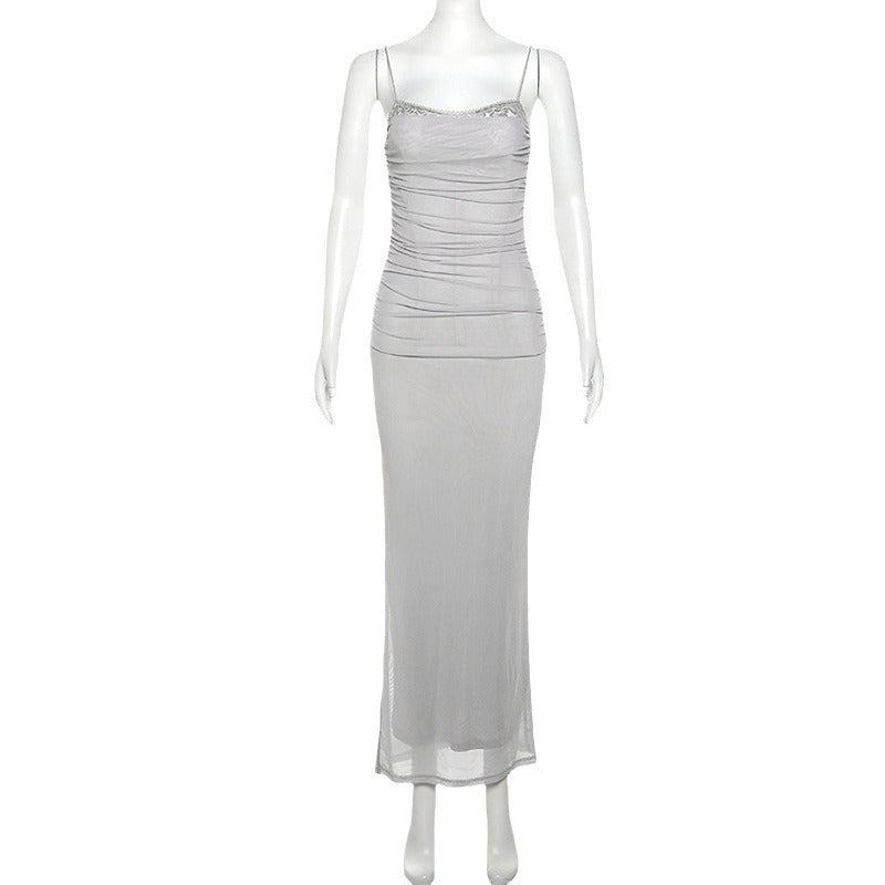 Lace Edge Waist-tight Hot Fashion Party Mesh See-through Lined Sling Dress - ANIBEY