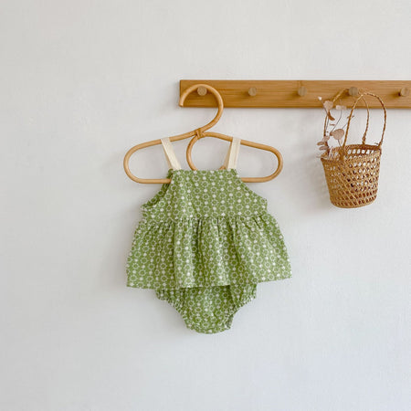 Two-piece Baby Girl Suit With Jacquard Blouse Suspenders Bread Pants - ANIBEY