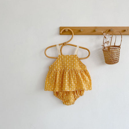 Two-piece Baby Girl Suit With Jacquard Blouse Suspenders Bread Pants - ANIBEY