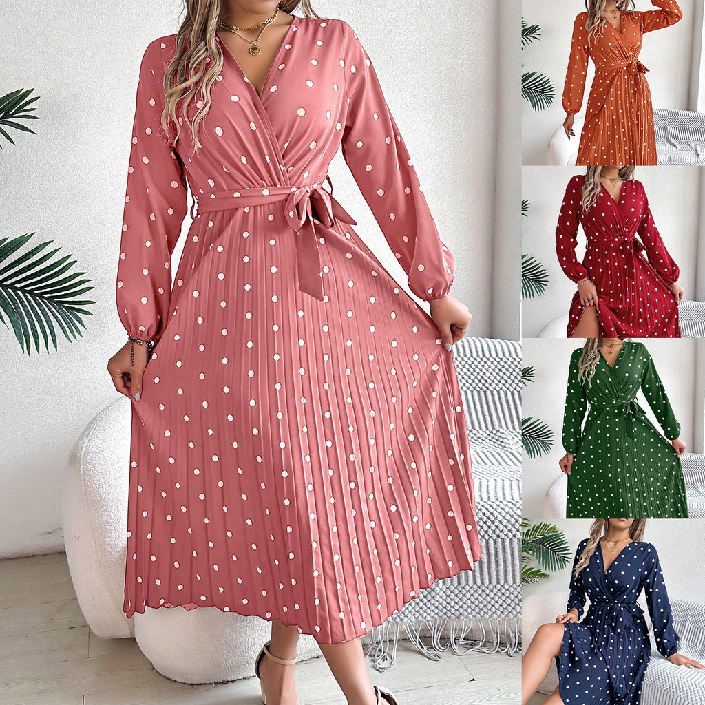 Elegant Polka Dot Cross V-neck Pleated Maxi Dress For Women - ANIBEY