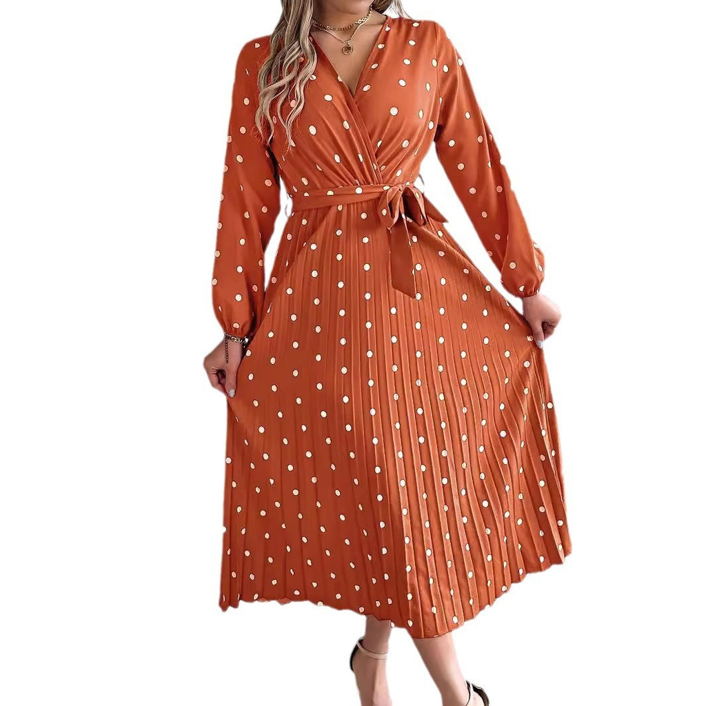 Elegant Polka Dot Cross V-neck Pleated Maxi Dress For Women - ANIBEY