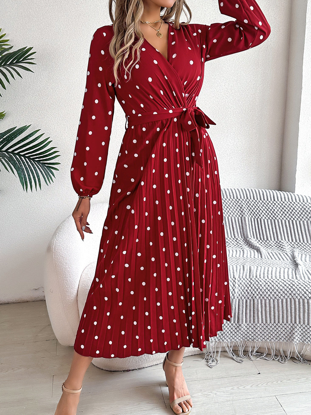 Elegant Polka Dot Cross V-neck Pleated Maxi Dress For Women - ANIBEY