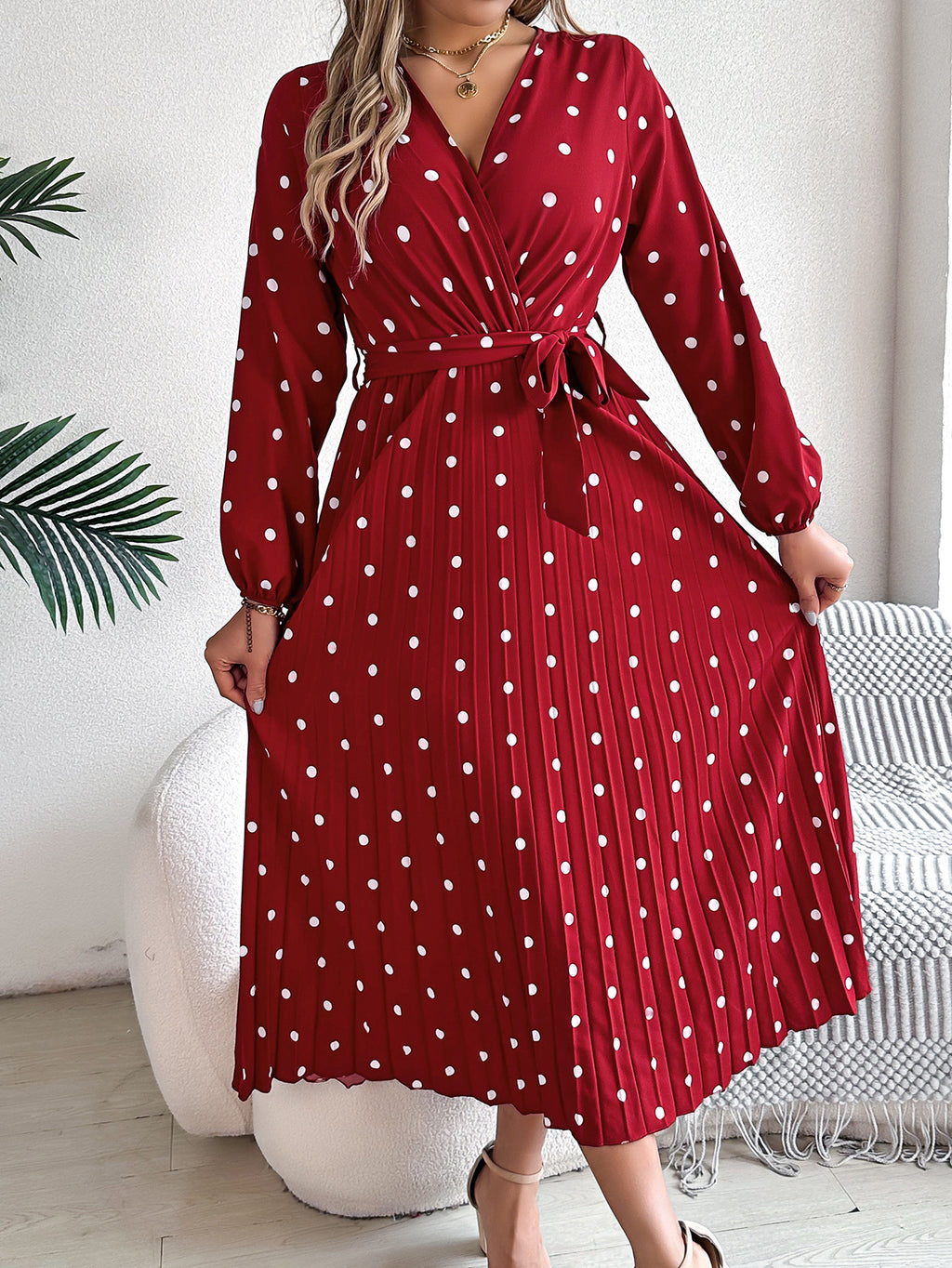 Elegant Polka Dot Cross V-neck Pleated Maxi Dress For Women - ANIBEY