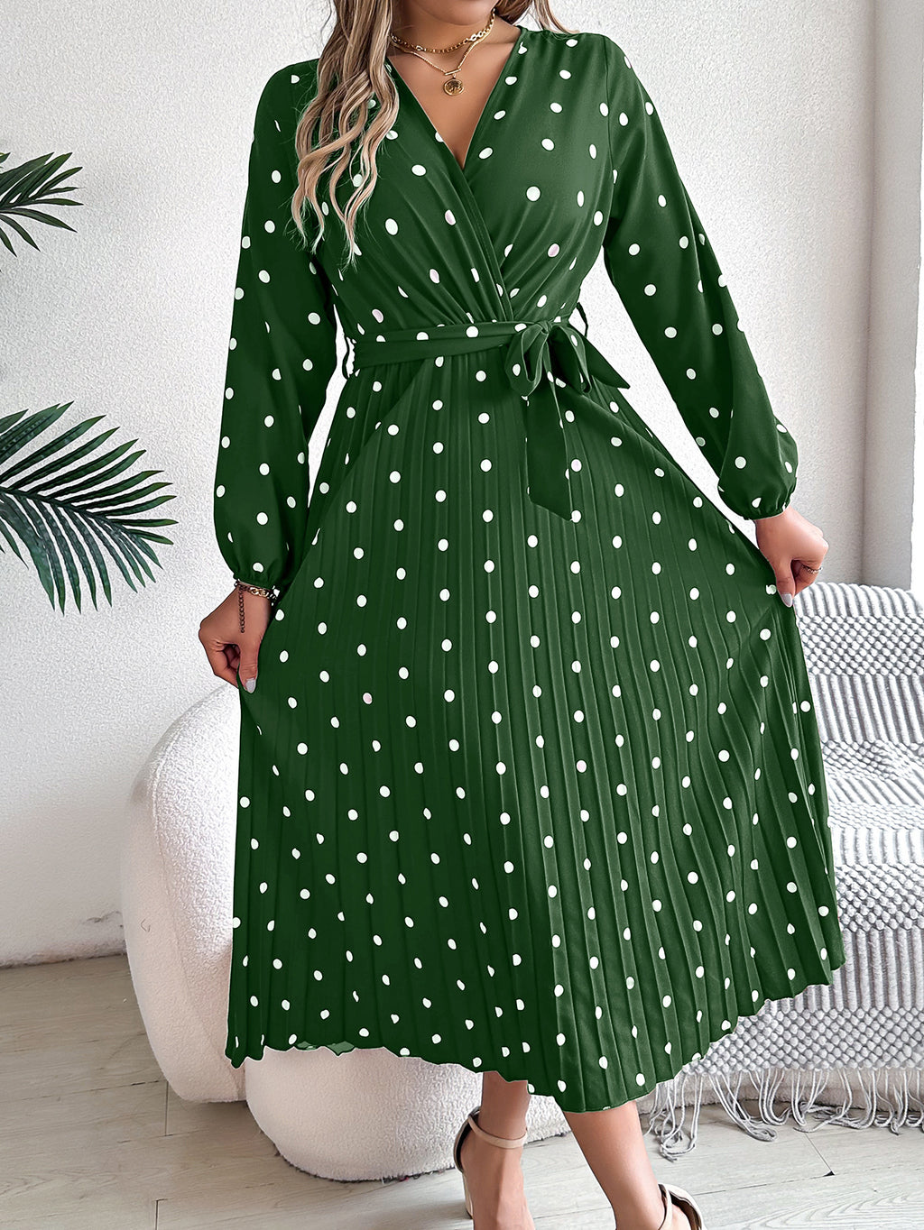 Elegant Polka Dot Cross V-neck Pleated Maxi Dress For Women - ANIBEY