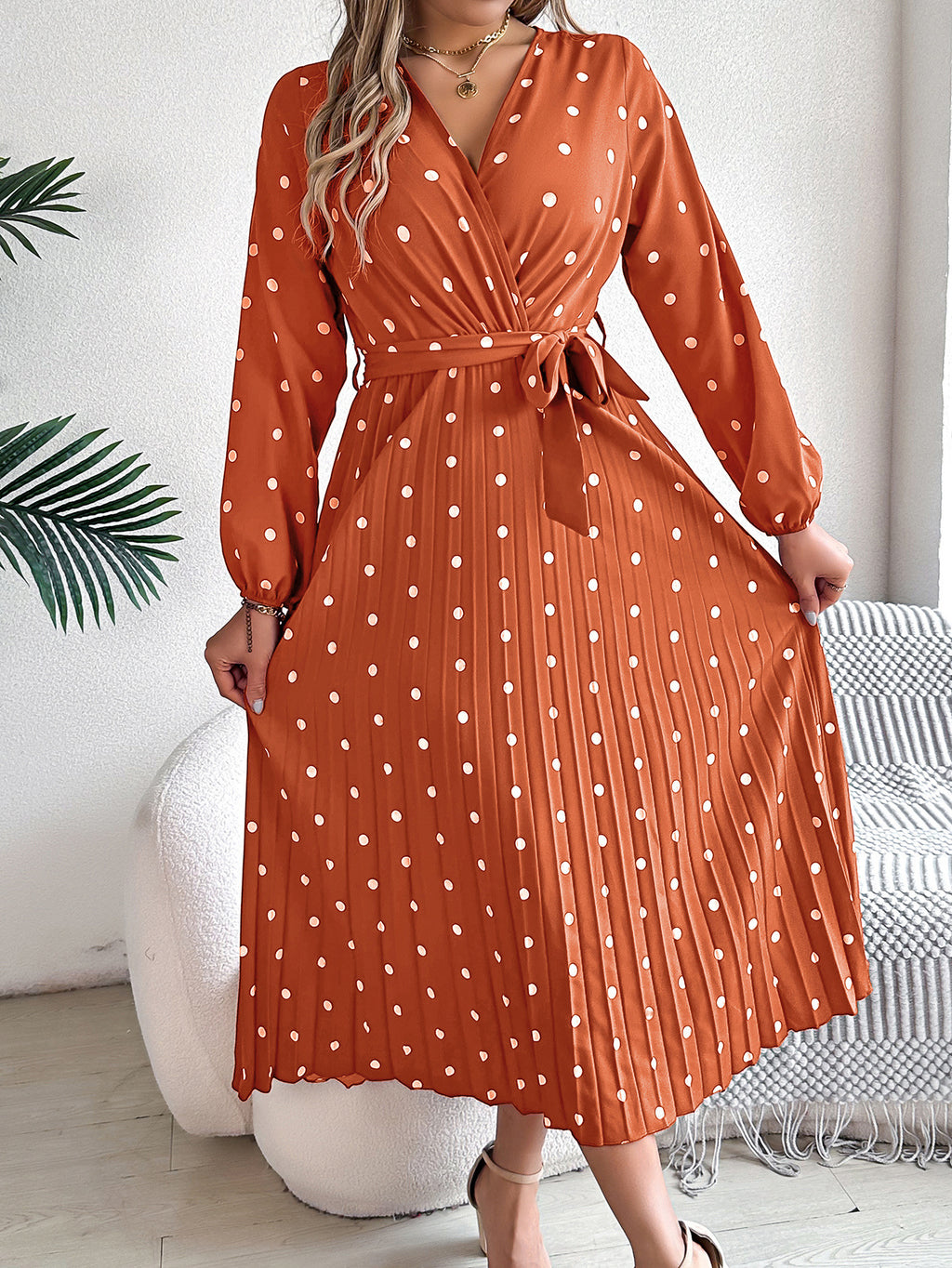 Elegant Polka Dot Cross V-neck Pleated Maxi Dress For Women - ANIBEY