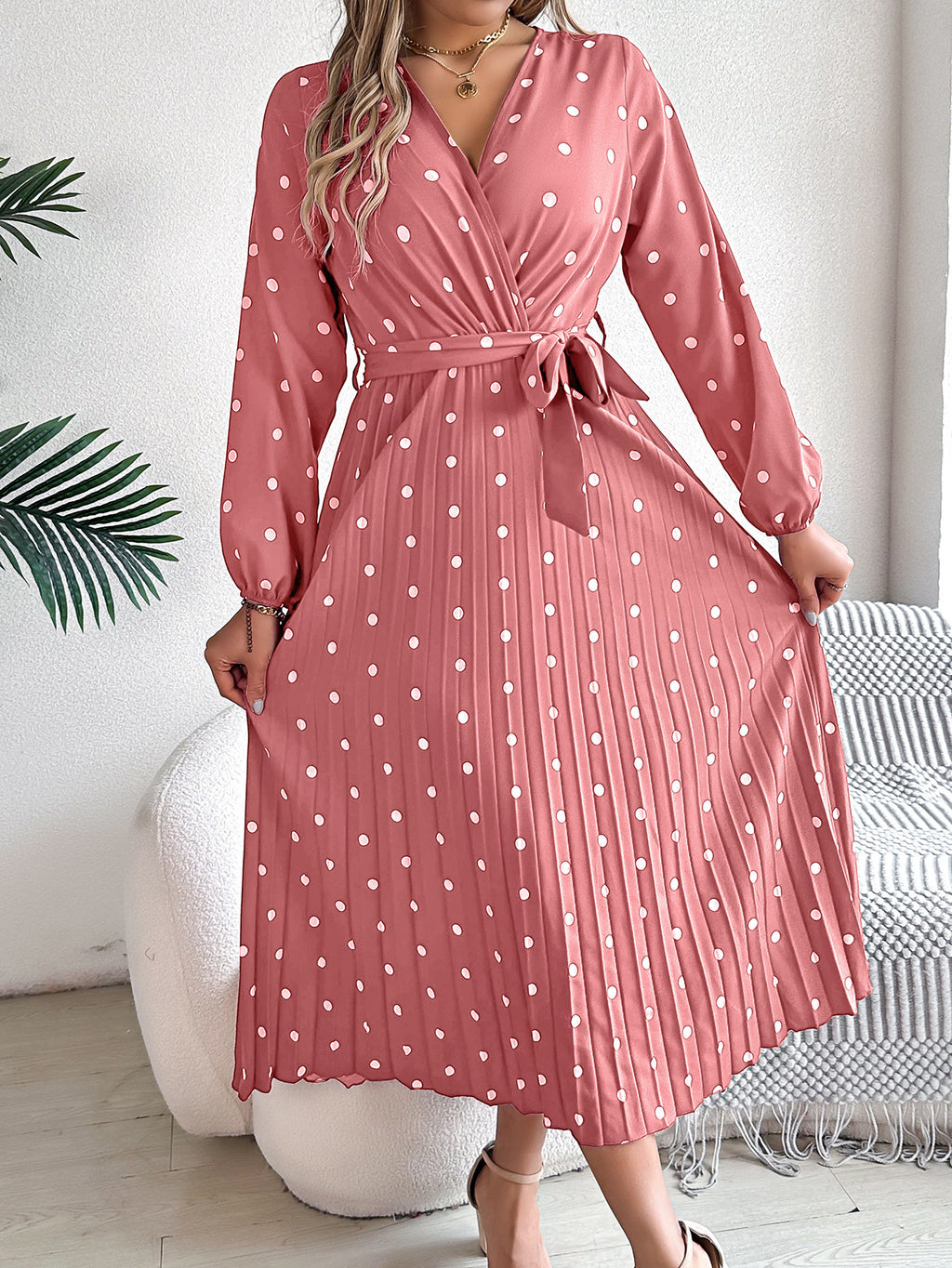 Elegant Polka Dot Cross V-neck Pleated Maxi Dress For Women - ANIBEY