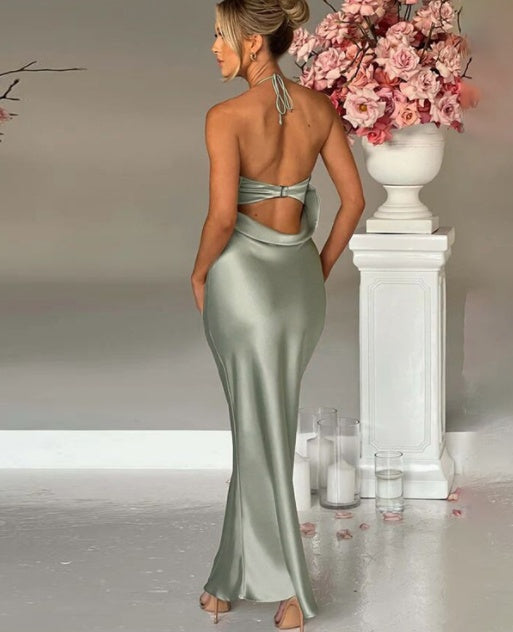 Hanging Neck Sexy Open Back Slim Fit Wrapped Hip Women's Dress - ANIBEY