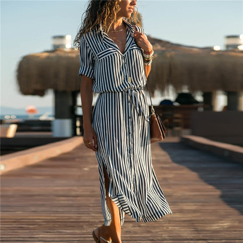 Stripe Shirt Women's Dress Spring Summer Chiffon V-neck Sexy Maxi Dresses Sexy Elegant Casual Girl Lace Women Long Sleeve - ANIBEY