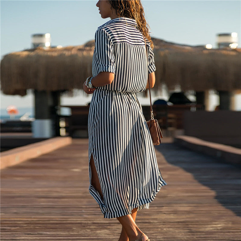Stripe Shirt Women's Dress Spring Summer Chiffon V-neck Sexy Maxi Dresses Sexy Elegant Casual Girl Lace Women Long Sleeve - ANIBEY