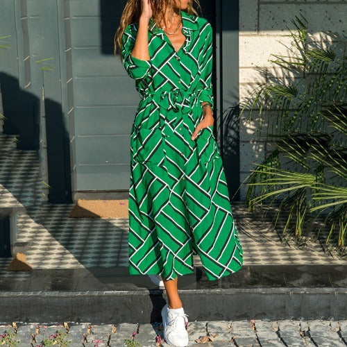Stripe Shirt Women's Dress Spring Summer Chiffon V-neck Sexy Maxi Dresses Sexy Elegant Casual Girl Lace Women Long Sleeve - ANIBEY
