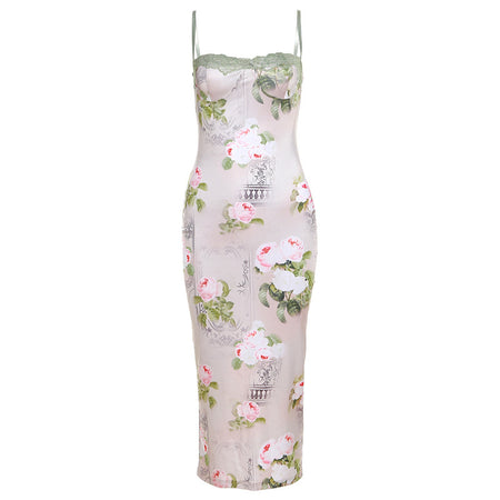 Summer New Women's Lace Stitching Printing Slim Dress - ANIBEY