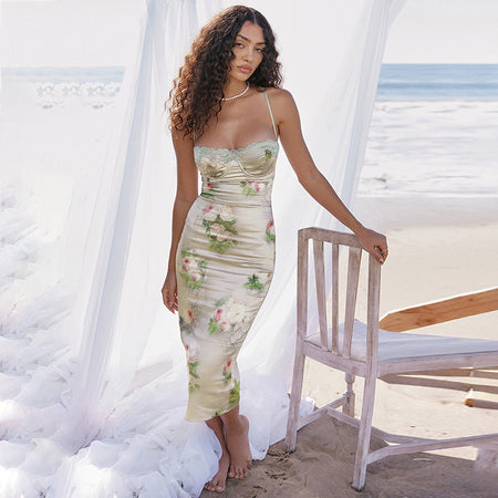 Summer New Women's Lace Stitching Printing Slim Dress - ANIBEY