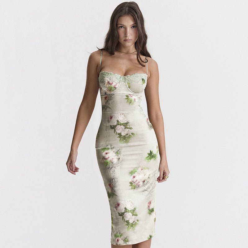 Summer New Women's Lace Stitching Printing Slim Dress - ANIBEY