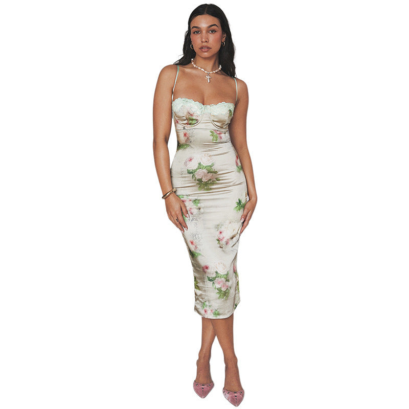 Summer New Women's Lace Stitching Printing Slim Dress - ANIBEY