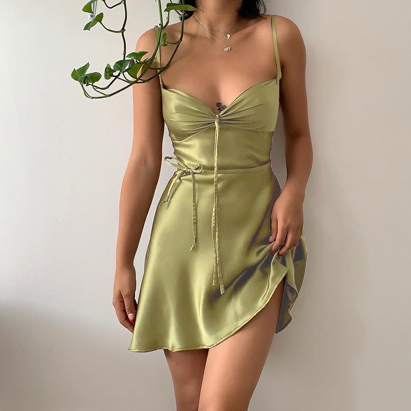 Temperament V-neck Strap Design Sense Niche Lace-up Scheming Chest Display Slim Fit Dress - ANIBEY