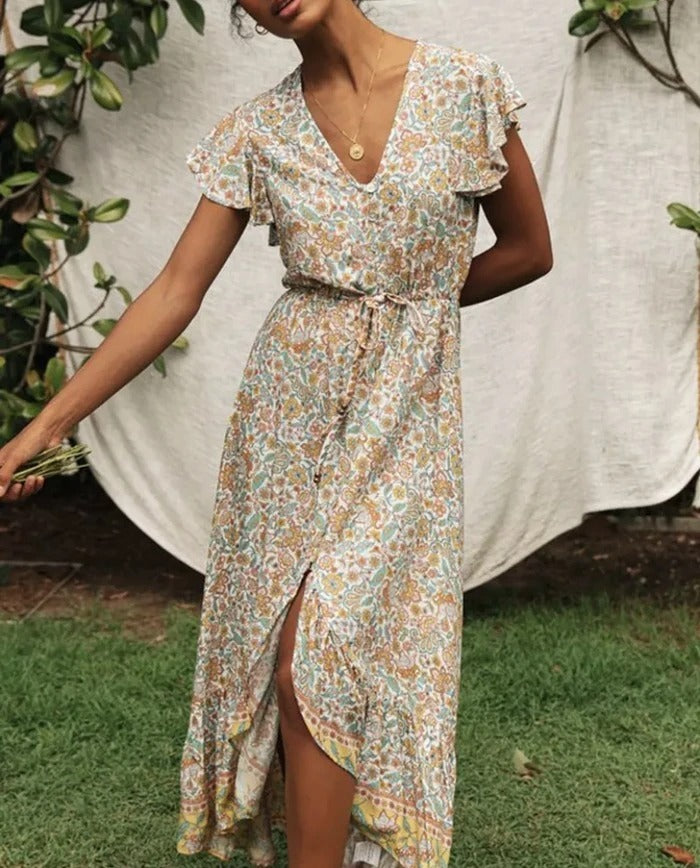 V-neck Printed Single-breasted Lace-up Dress With Irregular Waist - ANIBEY