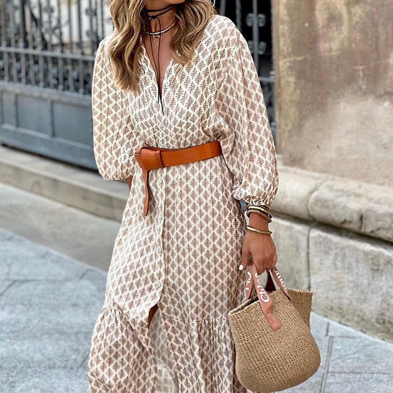 Women's Fashion Temperament Printed V-neck Puff Sleeve Dress - ANIBEY