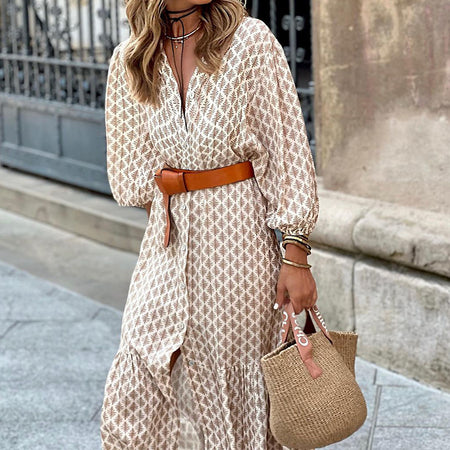 Women's Fashion Temperament Printed V-neck Puff Sleeve Dress - ANIBEY