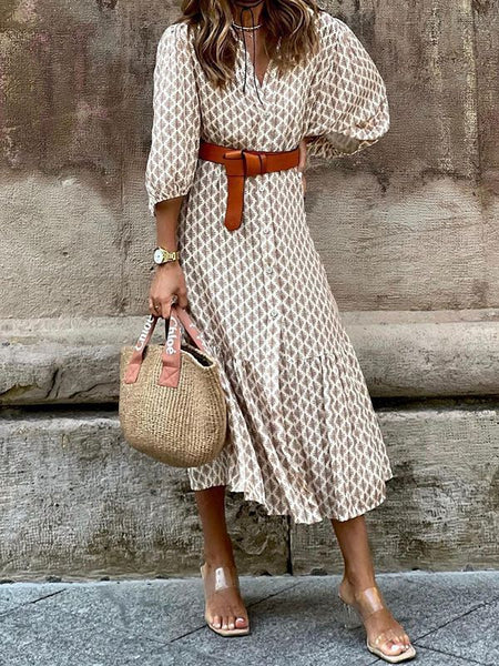 Women's Fashion Temperament Printed V-neck Puff Sleeve Dress - ANIBEY