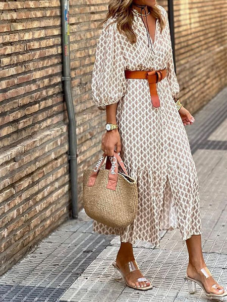 Women's Fashion Temperament Printed V-neck Puff Sleeve Dress - ANIBEY