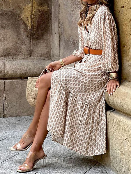 Women's Fashion Temperament Printed V-neck Puff Sleeve Dress - ANIBEY