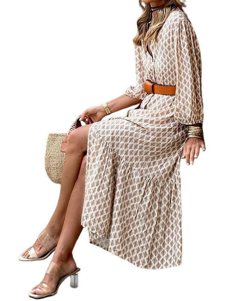 Women's Fashion Temperament Printed V-neck Puff Sleeve Dress - ANIBEY