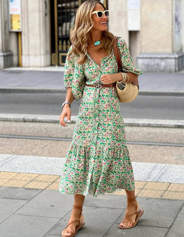 Women's Fashion Temperament Printed V-neck Puff Sleeve Dress - ANIBEY