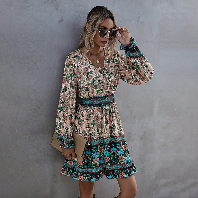 Women's High Waist Ruffled A Line Skirt Casual Temperament Bohemian Print Dress - ANIBEY