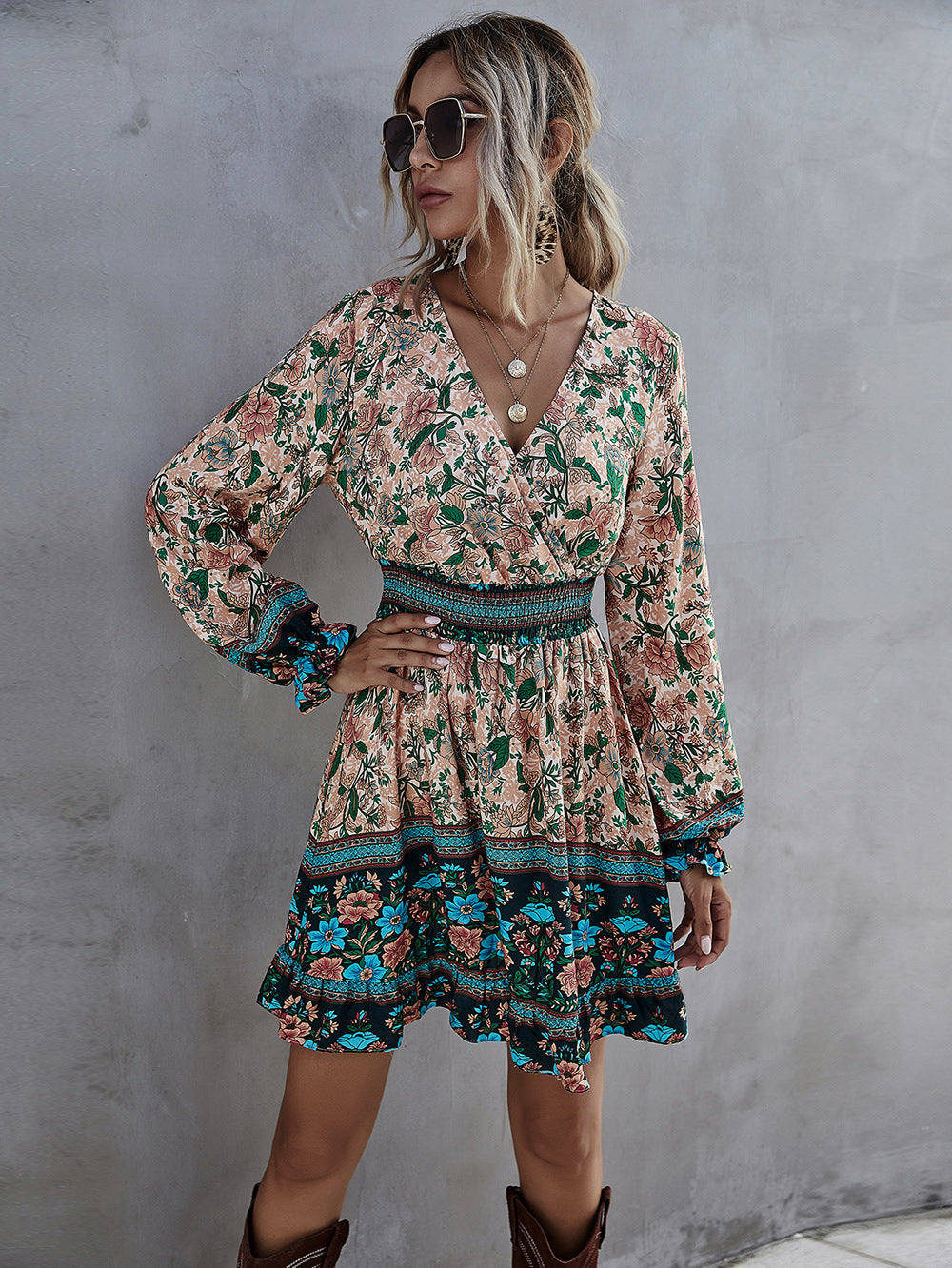 Women's High Waist Ruffled A Line Skirt Casual Temperament Bohemian Print Dress - ANIBEY