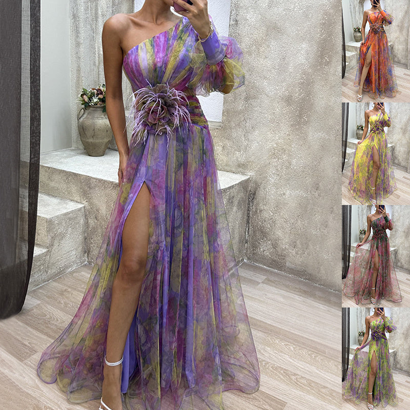 Women's Mesh Tie-dye Printed Off-shoulder Slit Long Dress - ANIBEY