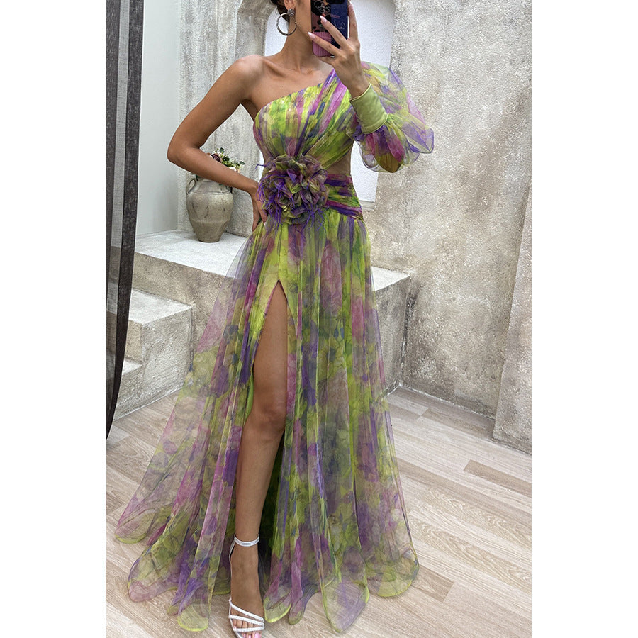 Women's Mesh Tie-dye Printed Off-shoulder Slit Long Dress - ANIBEY