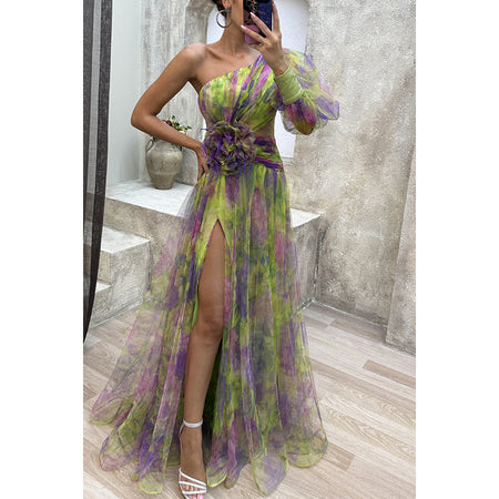Women's Mesh Tie-dye Printed Off-shoulder Slit Long Dress - ANIBEY
