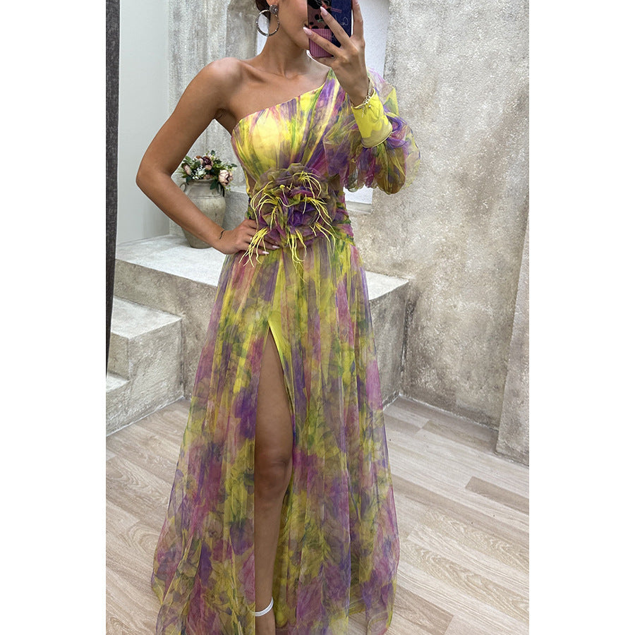 Women's Mesh Tie-dye Printed Off-shoulder Slit Long Dress - ANIBEY