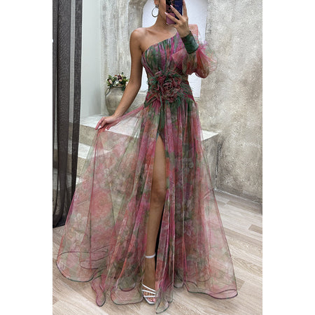 Women's Mesh Tie-dye Printed Off-shoulder Slit Long Dress - ANIBEY