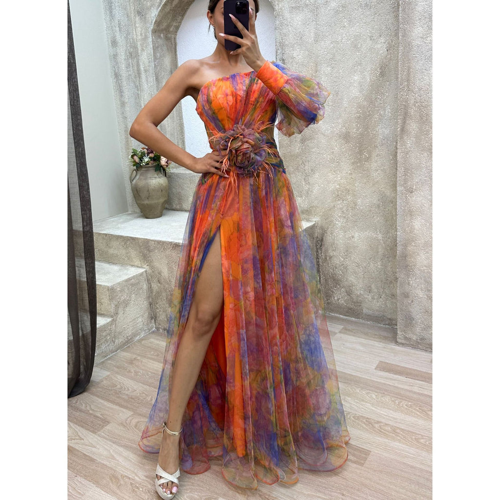 Women's Mesh Tie-dye Printed Off-shoulder Slit Long Dress - ANIBEY