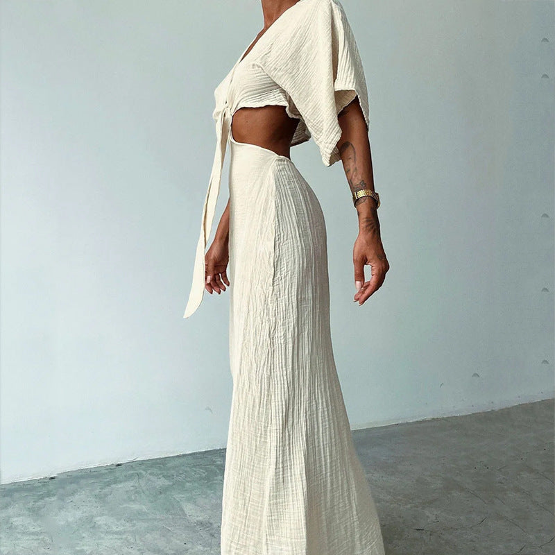 Women's Summer Slim Fit Midriff Outfit V-neck Dress - ANIBEY