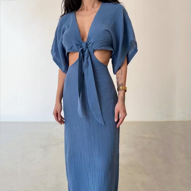 Women's Summer Slim Fit Midriff Outfit V-neck Dress - ANIBEY
