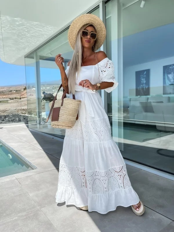 Lace Stitching Casual Loose Waist-controlled Lace-up Dress For Women - ANIBEY