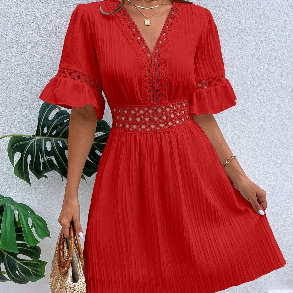 Patchwork Lace Fashion V-neck Tight Waist Solid Color Dress - ANIBEY