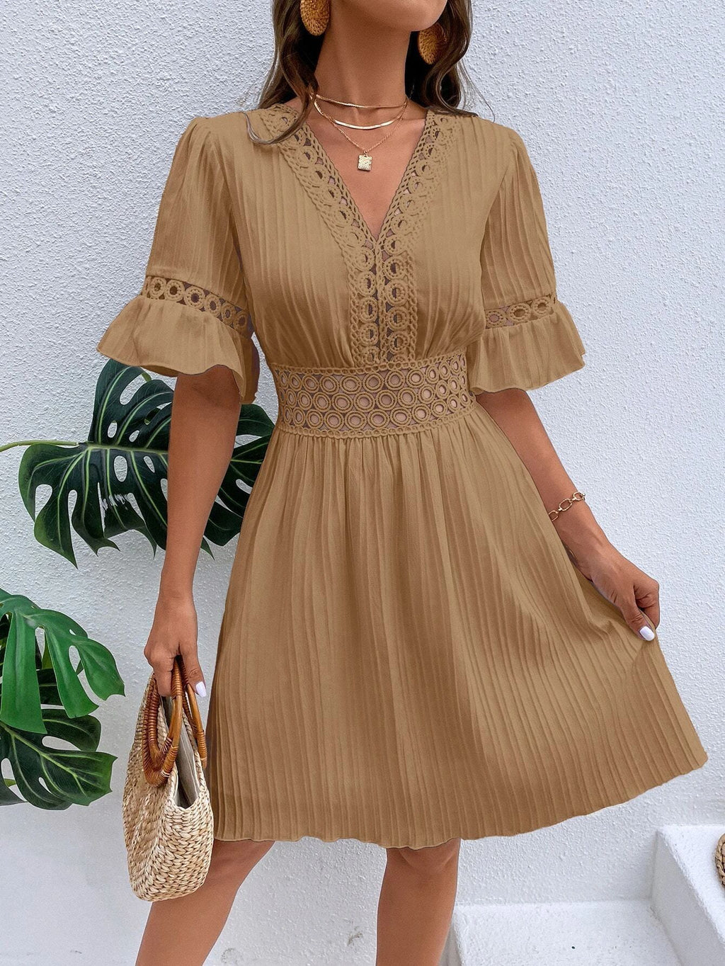 Patchwork Lace Fashion V-neck Tight Waist Solid Color Dress - ANIBEY