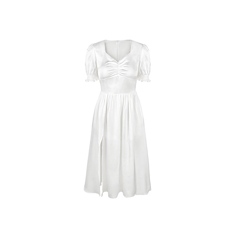 Light Cooked Style White Satin Ladies Temperament Dress - ANIBEY