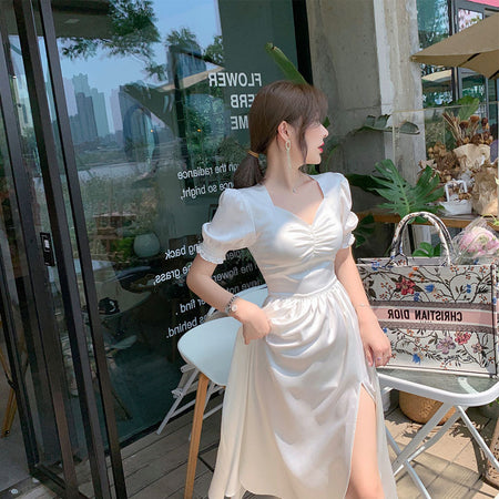 Light Cooked Style White Satin Ladies Temperament Dress - ANIBEY