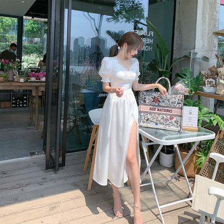 Light Cooked Style White Satin Ladies Temperament Dress - ANIBEY