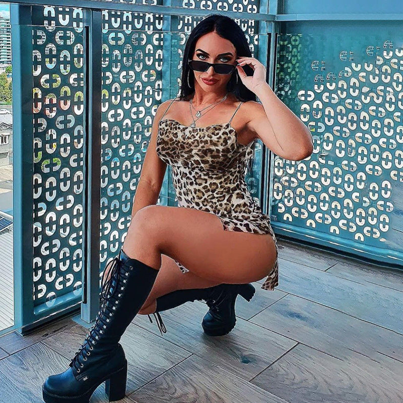 Side Double-slit Leopard Print Small Sling Dress Women - ANIBEY