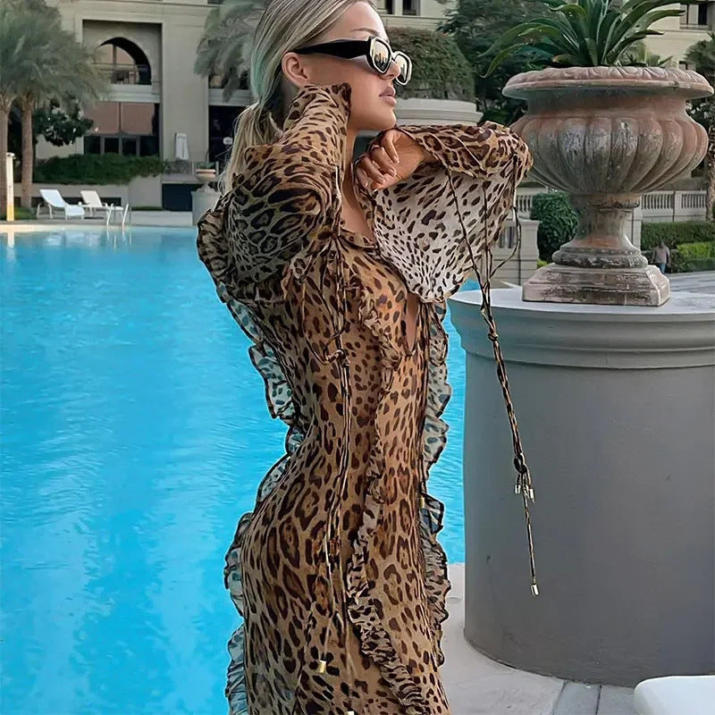 Women's Ruffled V-neck Leopard Print Midi Dress - ANIBEY