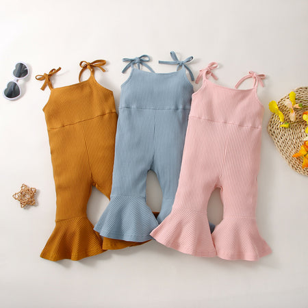 Summer Girls' Sunken Stripe Cotton Solid Color Sling One-piece Bell-bottom Pants - ANIBEY