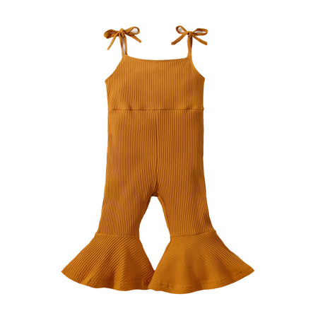 Summer Girls' Sunken Stripe Cotton Solid Color Sling One-piece Bell-bottom Pants - ANIBEY
